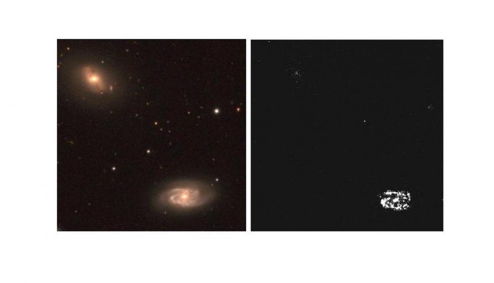 Dos galaxias muy diferentes en nuestro vecindario cósmico. Estas dos imágenes retratan el mismo par de galaxias desde el telescopio Jast de Javalambre. En la primera vemos las dos en el espectro visible. La segunda ha sido obtenida a partir del filtro J0660, que solo permite ver las zonas de las galaxias que están formando estrellas. No es el caso de la de arriba, que ‘desaparece’.