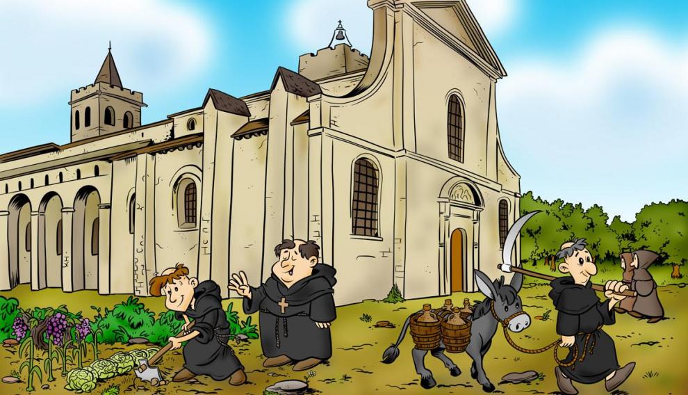 Ramiro, casi un niño, a la izquierda, en la huerta del monasterio de Saint-Pons-de Thomières, donde estaba en 1099