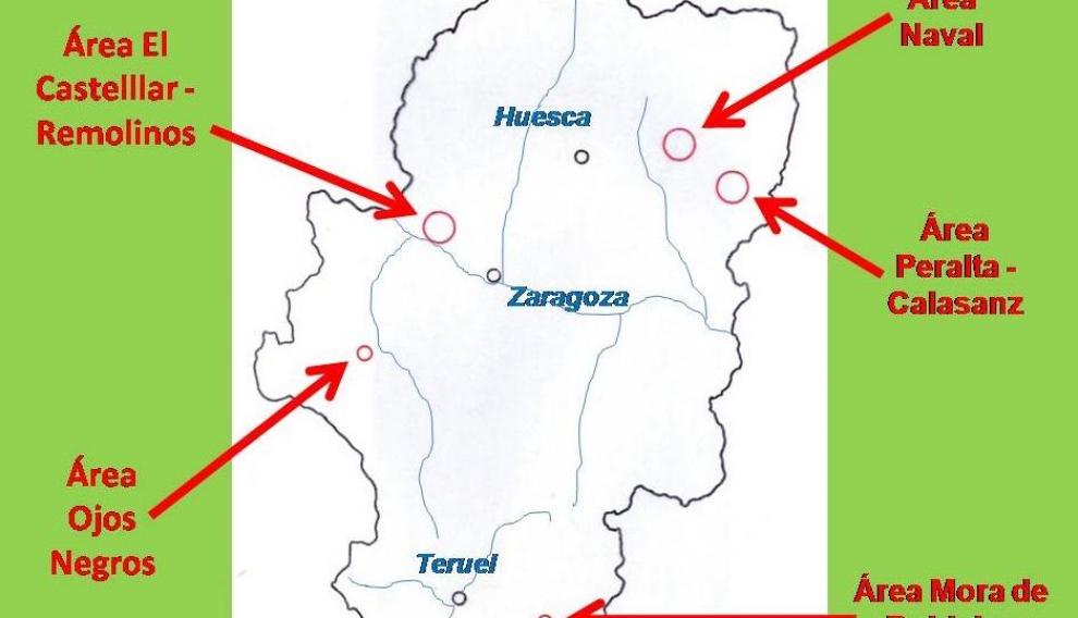Ubicación de las principales áreas salineras de Aragón (sobre datos de M.L. Torralba (coord.). Gran atlas de Aragón. Aneto, Zaragoza. 1998, p. 91).