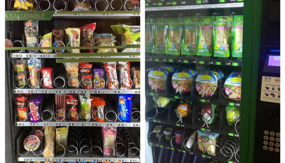 A la izquierda, máquina de vending del Pignatelli. A la derecha, de la sede del Ayuntamiento de Zaragoza en la plaza del Pilar.