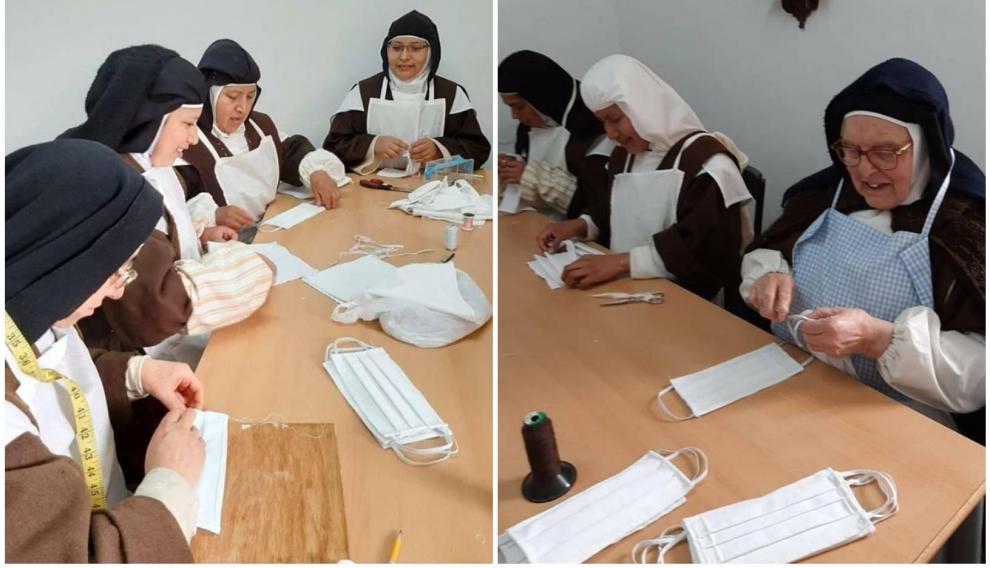 Las carmelitas de Maluenda mientras confeccionan mascarillas.