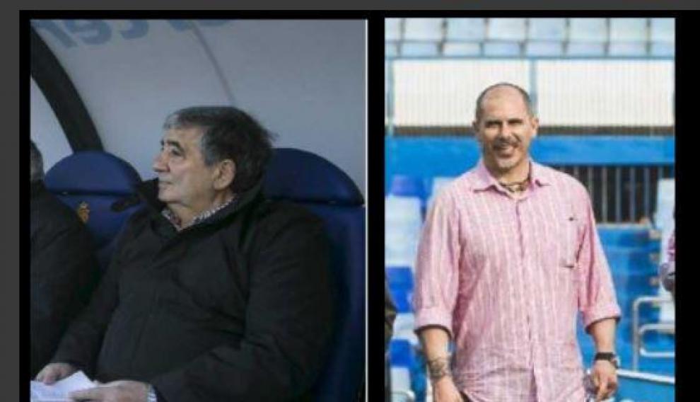 Manolo Nieves (izda.), en un partido en La Romareda. Jesús Solana (dcha.), sobre el césped del estadio en un posado reciente para HERALDO.