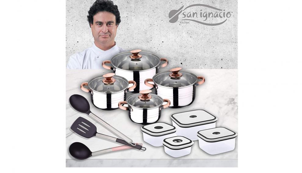 Esta batería incluye ollas, utensilios y táperes.