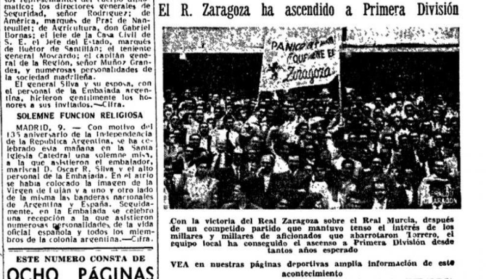 Llamada en portada de HERALDO DE ARAGÓN, el 10 de julio de 1951, del ascenso del Real Zaragoza consumado dos días antes, el domingo 8 de julio, ante el Murcia (entonces no había prensa los lunes).