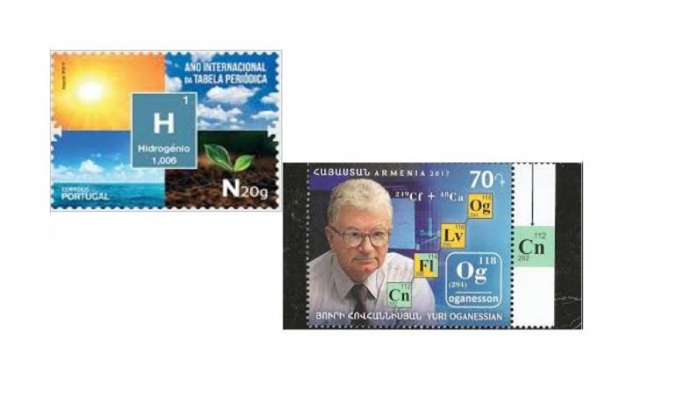Sellos dedicados al elemento más ligero, el hidrógeno (Portugal, 2019) y el más pesado, el oganesón (Armenia, 2017)