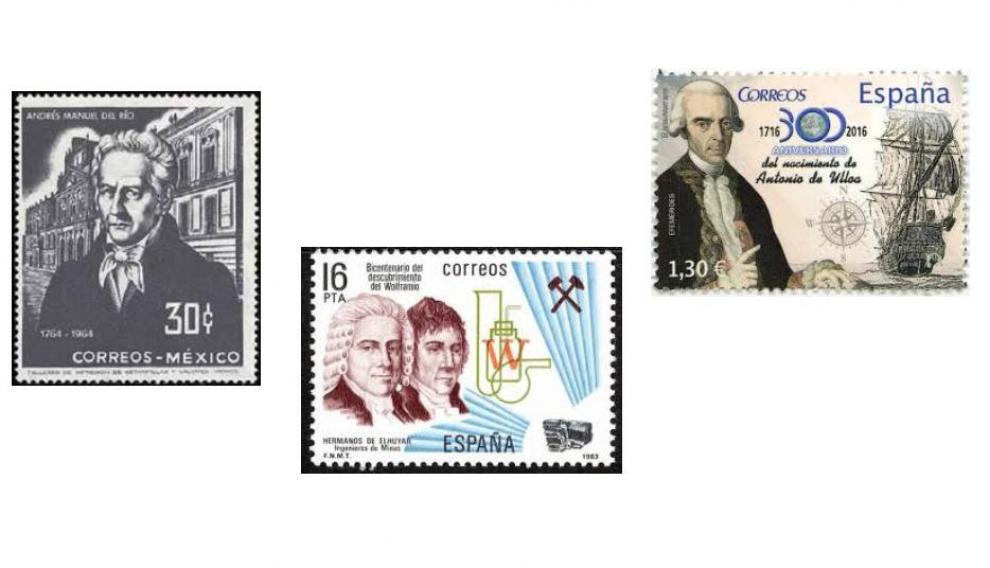 Sellos dedicados a Antonio Andrés del Río (1983), Juan José y Fausto Delhuyar (2016); y Antonio de Ulloa
