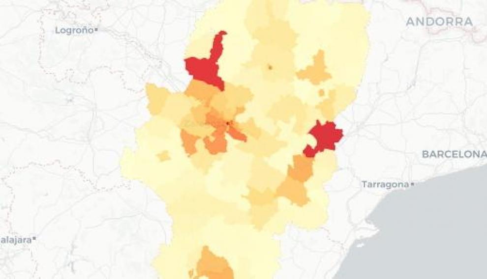 Mapa de Aragón con los casos de coronavirus desde el inicio de la pandemia