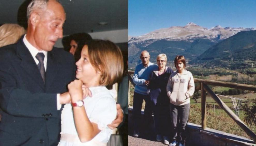 En la fotografía de la izquierda, Esther Palacios bailando con su abuelo el día de su Primera Comunión. A la derecha, con sus abuelos en el Pirineo.