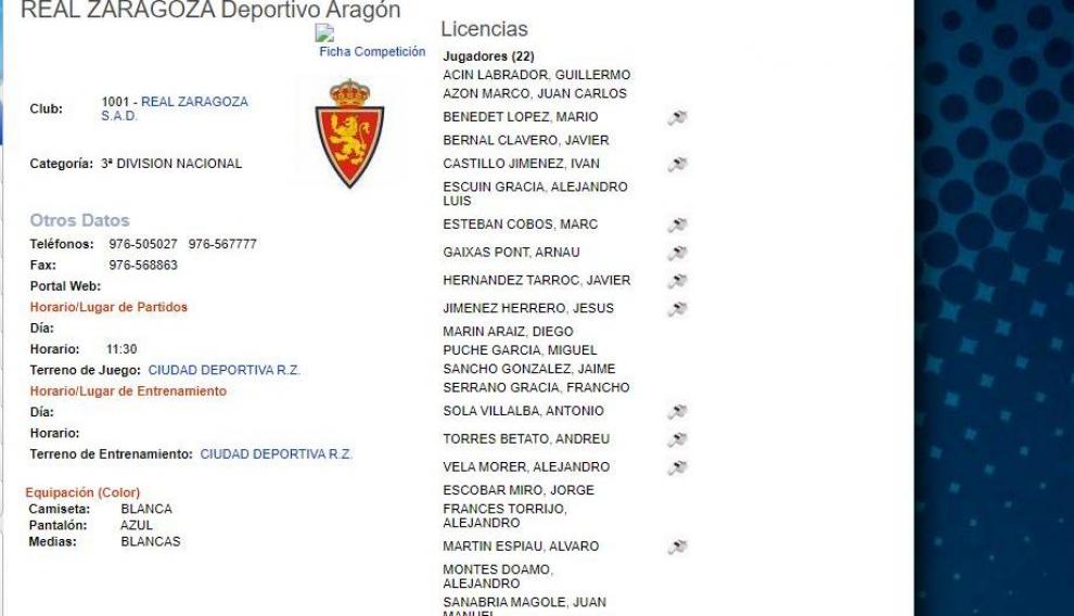 Sanabria, el último en la lista de jugadores del RZD Aragón, filial del Real Zaragoza.