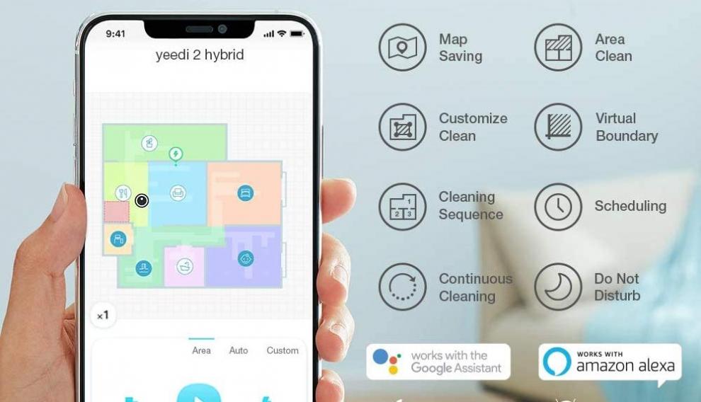 La app, disponible para iOS y Android, permite un completo control del robot. Además, Yeedi 2 Hybrid es compatible con los asistentes de control por voz de Amazon y Google.