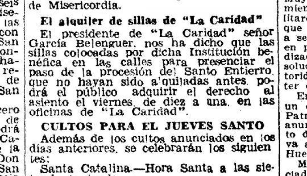 Recorte de Heraldo de Aragón que habla de las sillas de La Caridad.