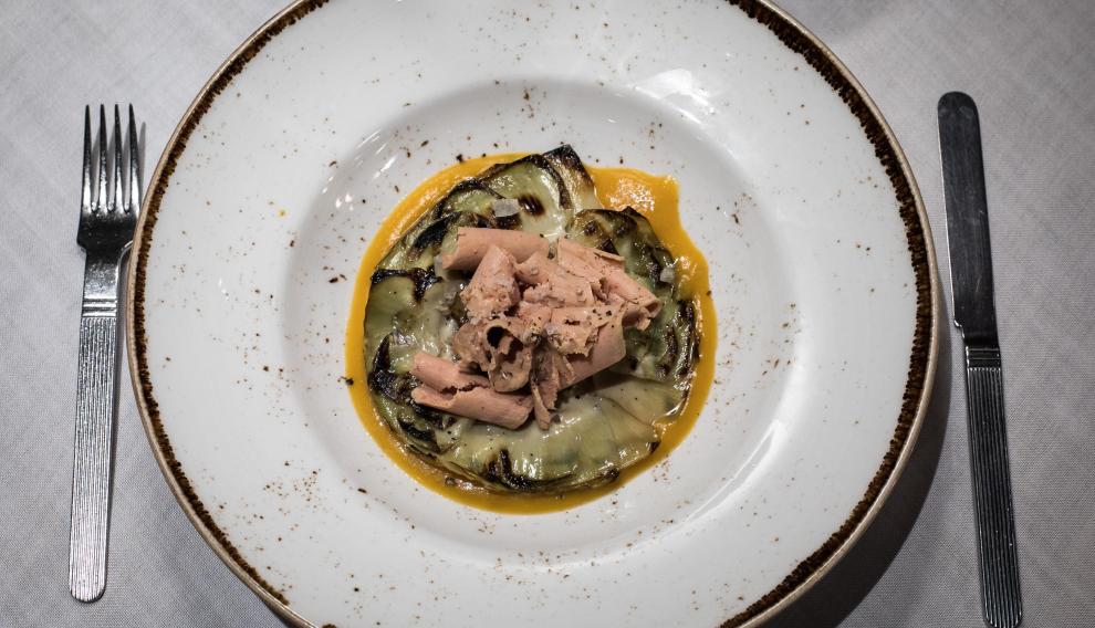 Flor de alcachofa, calabaza y foie.