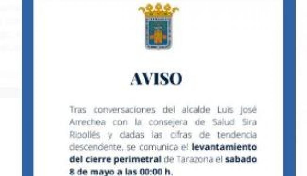 Mensaje publicado en redes por el Ayuntamiento de Tarazona