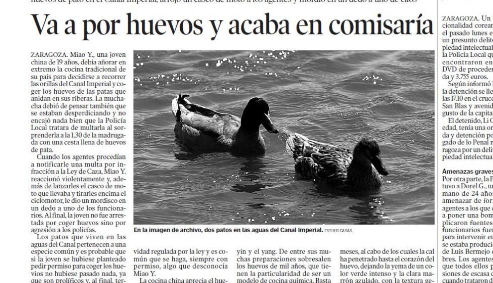 Recorte de prensa de una detención por robar huevos a los patos.