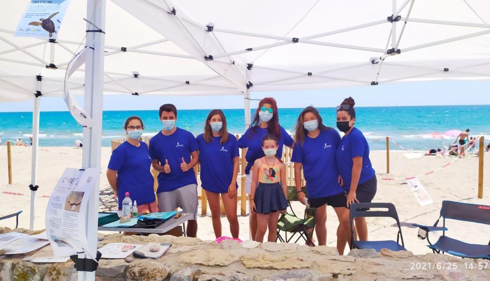 Algunos de los voluntarios que participan en el cuidado de los huevos de tortuga en Calafell.