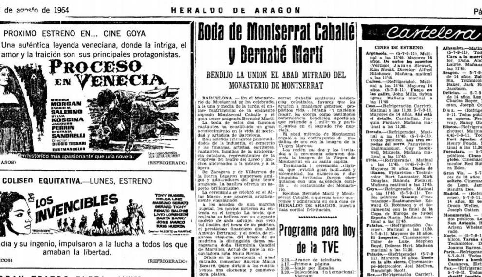 Recorte de la noticia publicada en HERALDO de la boda de Montserrat Caballé y Bernabé Martí el 15 de agosto de 1964.