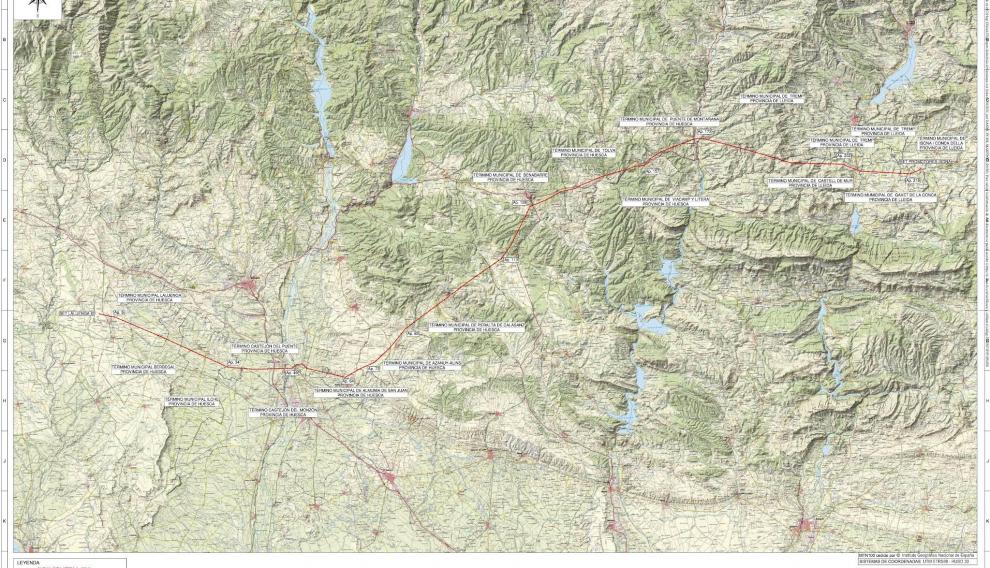 Mapa del trazado de la línea de muy alta tensión que atravesaría doce municipios de cuatro comarcas de Huesca.