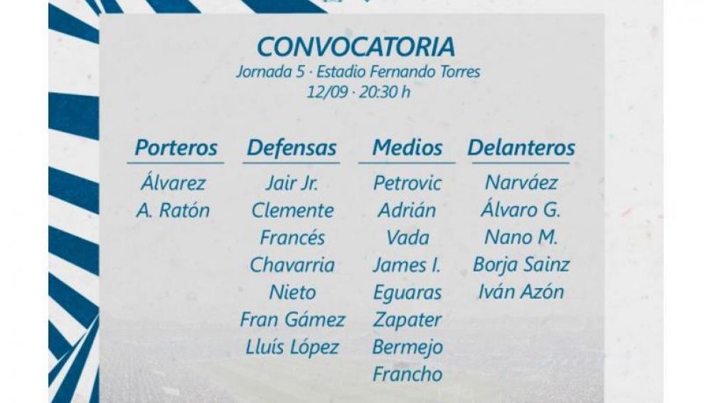 Lista de 22 convocados del Real Zaragoza para el partido de Fuenlabrada.