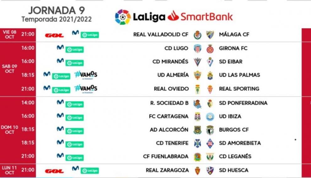 Horarios de la jornada 9 de Segunda División.