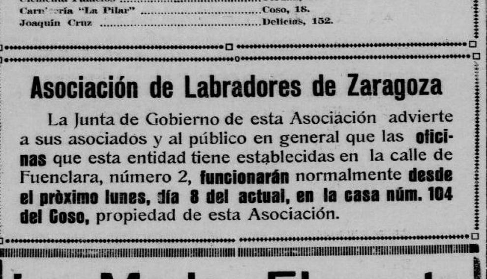 Anuncio en 'El Noticiero' sobre el nuevo edificio de la Asociación de Labradores de Zaragoza.