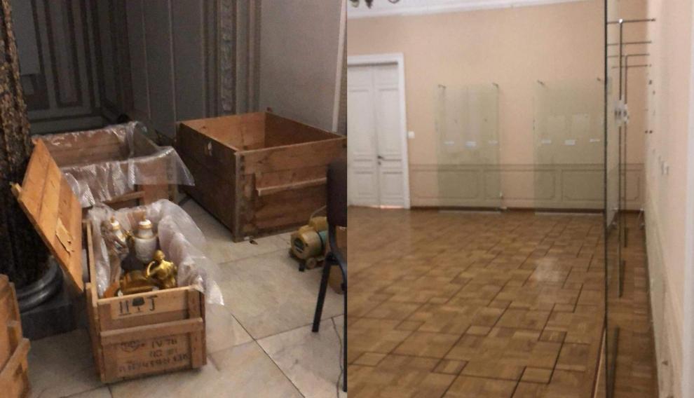 A la izquierda, recogida de obras de arte en el Museo Nacional Tarás Shevchenko de Kiev; a la derecha, las paredes vacías. Imágenes tomadas por la conservadora Julia Silenko,