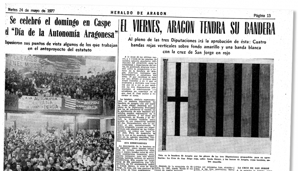 En mayo de 1977 se celebró en Caspe el día de la Autonomía Aragonesa. Se expusieron ideas para el anteproyecto del Estatuto e incluso se empezó a decidir cómo sería la bandera autonómica.