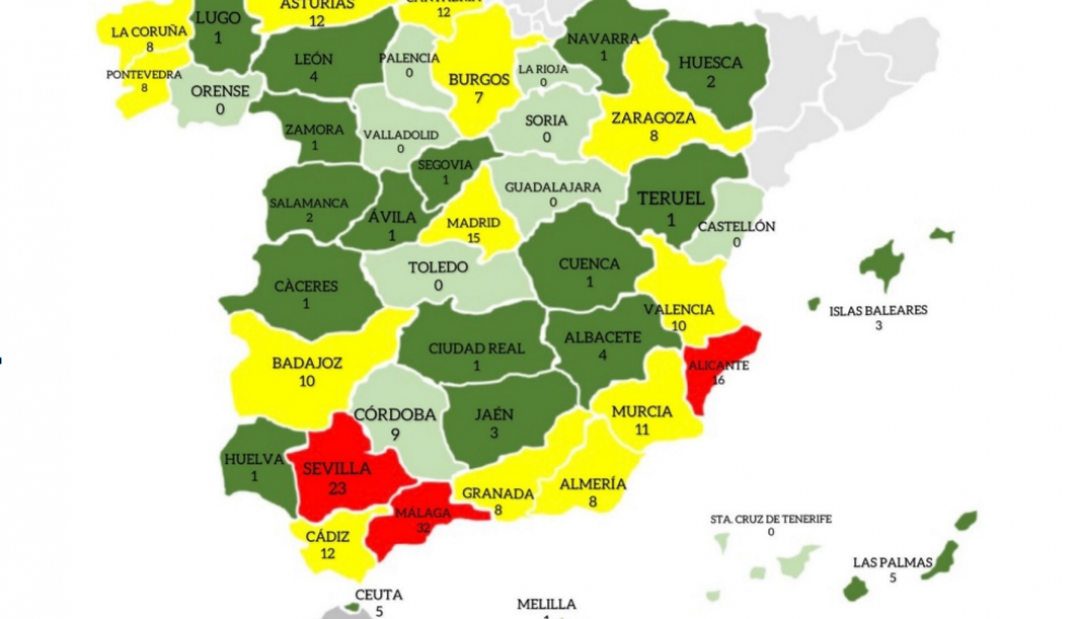 Agresiones a sanitarios denunciadas en 2022 en España, por provincias.