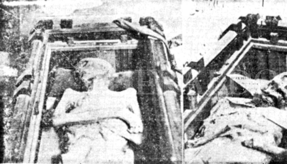 Primera fotografía obtenida de las momias de los Amantes de Teruel al ser encontradas en el cementerio de las religiosas del Convento de Santa Teresa