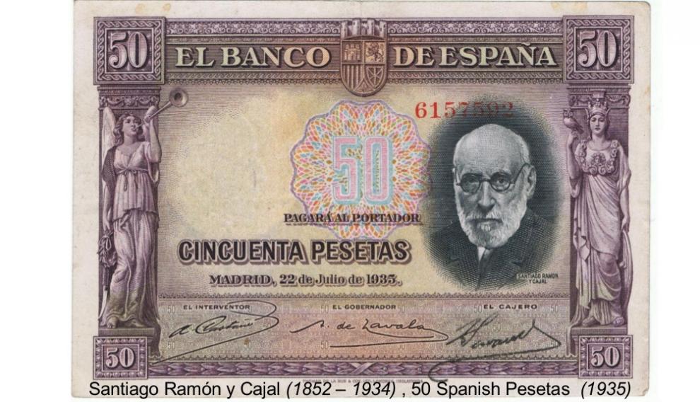 Billete español de 50 pesetas con el rostro de Cajal que entró en vigor en 1935.