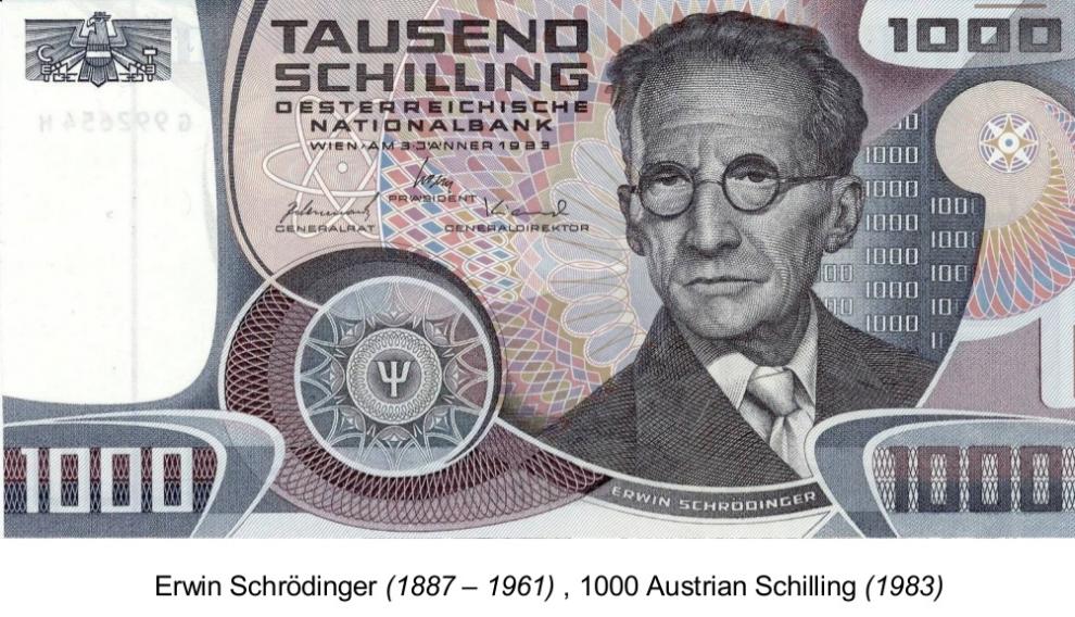 Billete en honor de Schrödinger, con el símbolo de la función de onda.