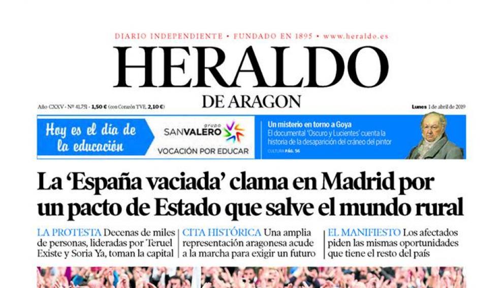 Portada de Heraldo de Aragón del 1 de abril de 2019.