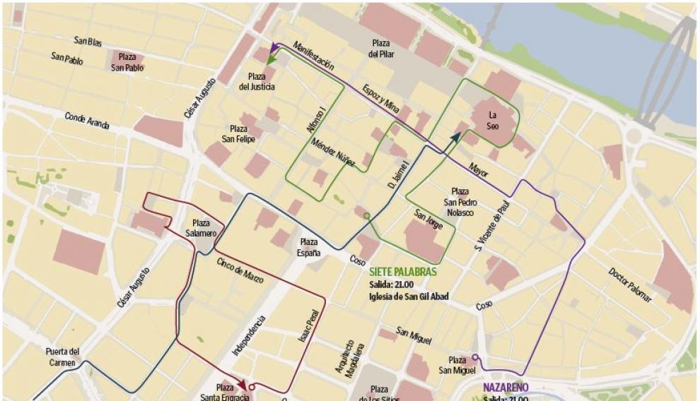 Mapa con el recorrido de las procesiones de Lunes Santo en Zaragoza