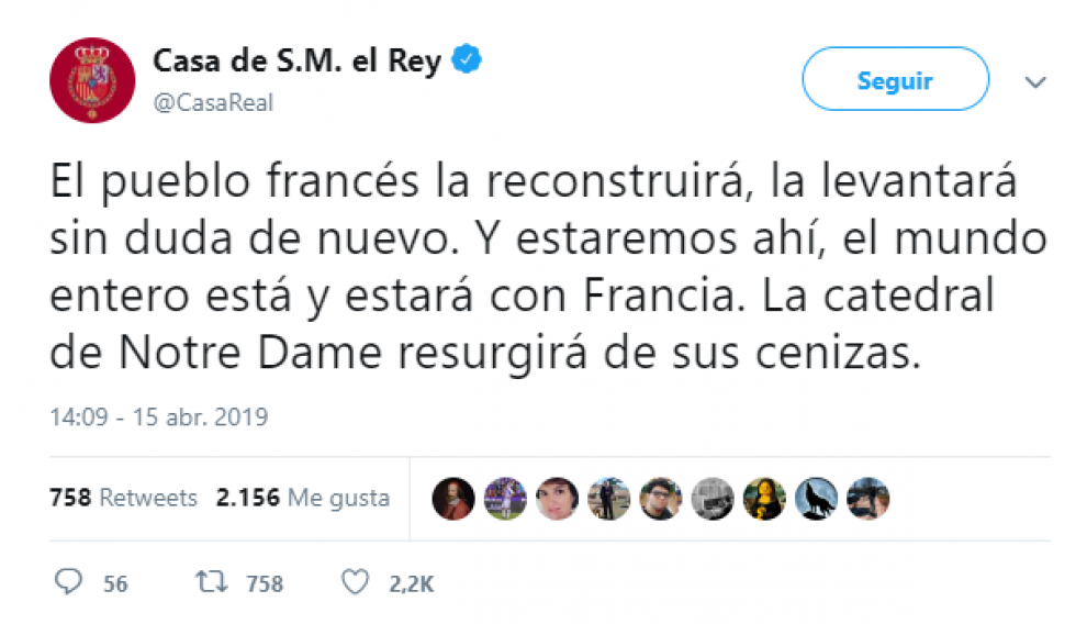 La Casa Real se solidariza con el incendio de la catedral de París.