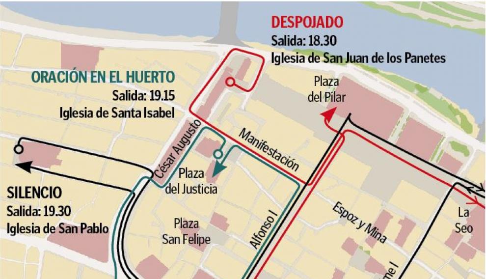 Mapa con el recorrido de las procesiones de Jueves Santo en Zaragoza