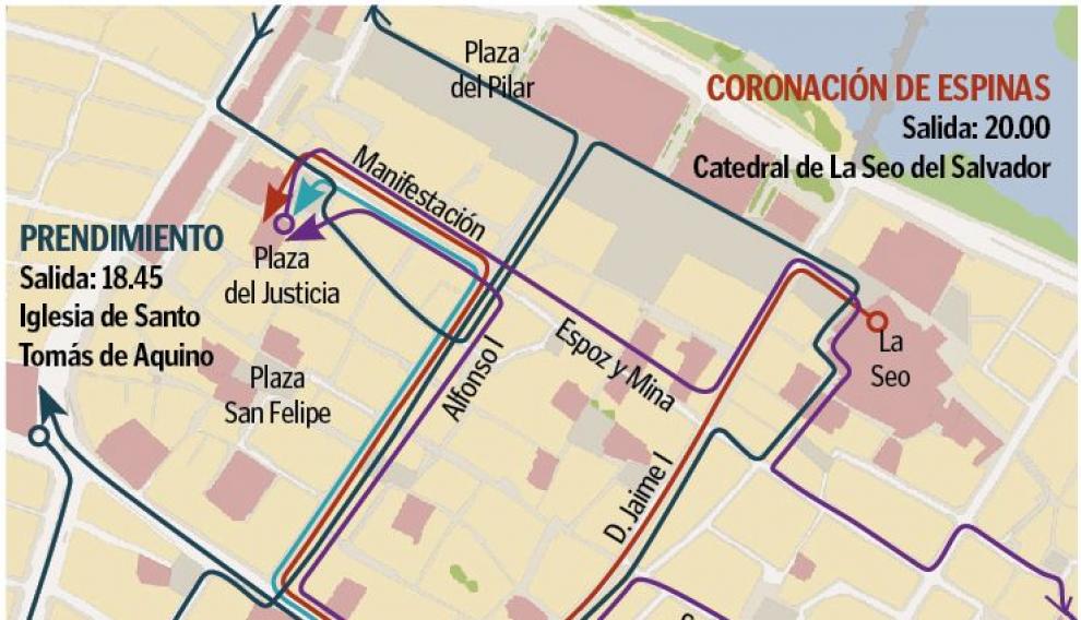 Mapa con el recorrido de las procesiones de Jueves Santo en Zaragoza