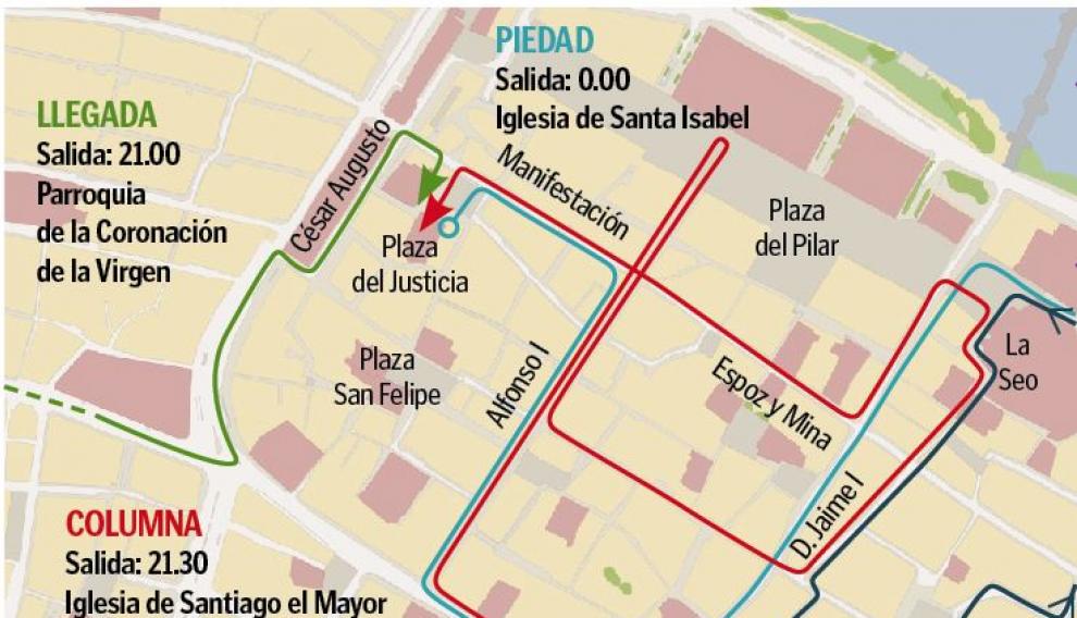 Mapa con el recorrido de las procesiones de Jueves Santo en Zaragoza