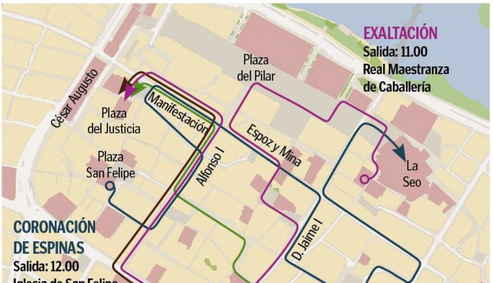 Mapa con el recorrido de las procesiones de Jueves Santo en Zaragoza