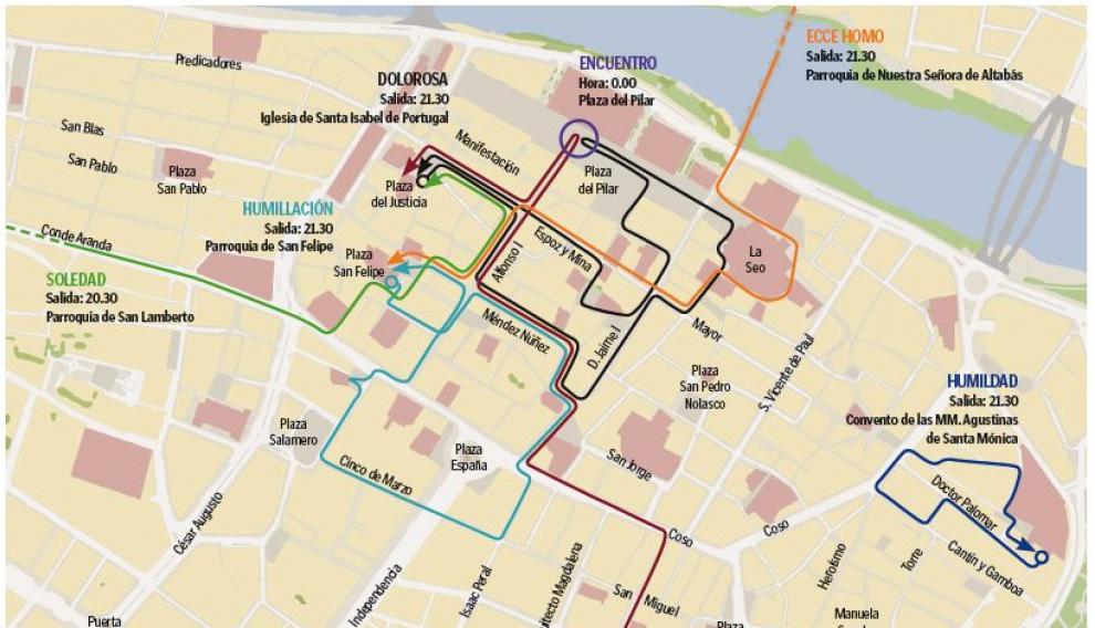 Mapa con el recorrido de las procesiones de Miércoles Santo en Zaragoza