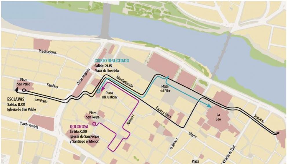 Mapa con el recorrido de las procesiones de Sábado Santo en Zaragoza