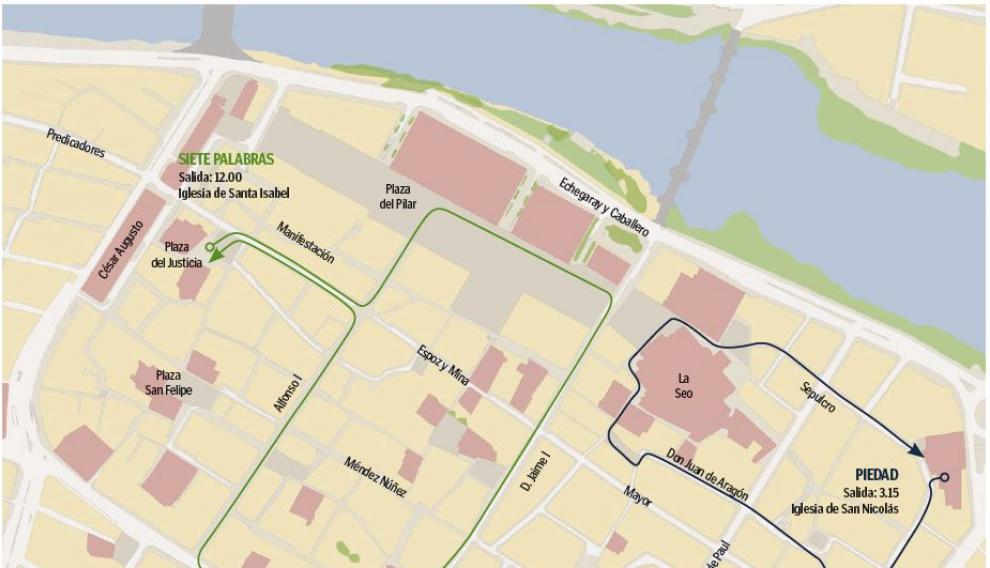 Mapa con el recorrido de las procesiones de Viernes Santo en Zaragoza