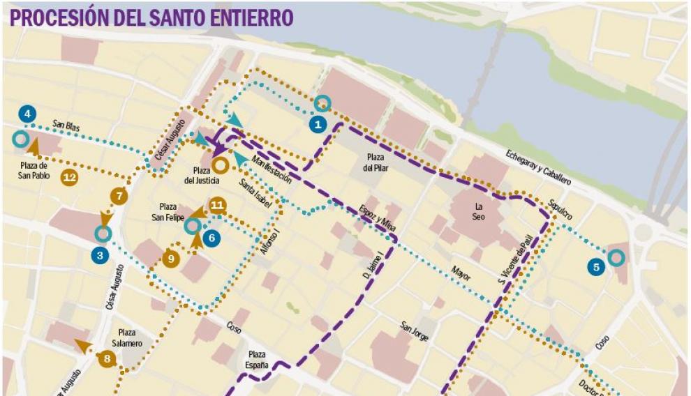 Mapa con el recorrido de las procesiones de Viernes Santo en Zaragoza