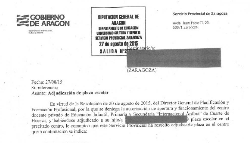 Carta enviada por el Gobierno de Aragón a los alumnos del colegio Ánfora para decirles que se ha denegado el centro y han adjudicado una plaza en otro.