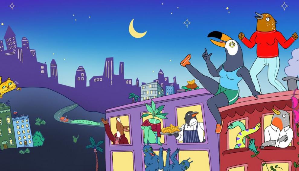 Parte del imaginario de 'Tuca y Bertie', con pájaros, perros y plantas.