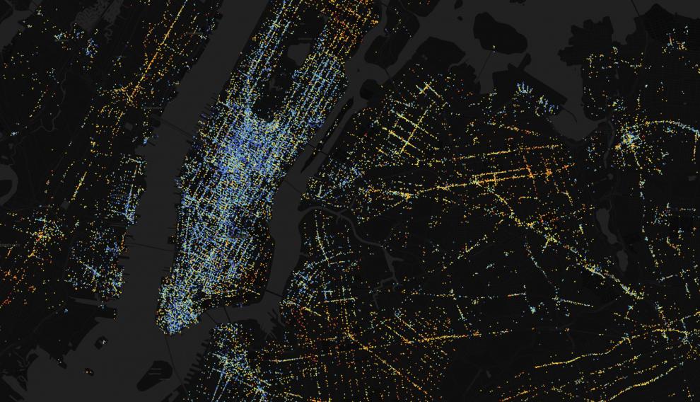 Atlas de la Desigualdad de la ciudad de Nueva York. Manhattan, llena de puntos azules, es la zona con mayor diversidad de la ciudad. MIT Media Lab
