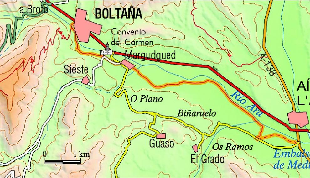 Mapa de la ruta Aínsa-Boltaña