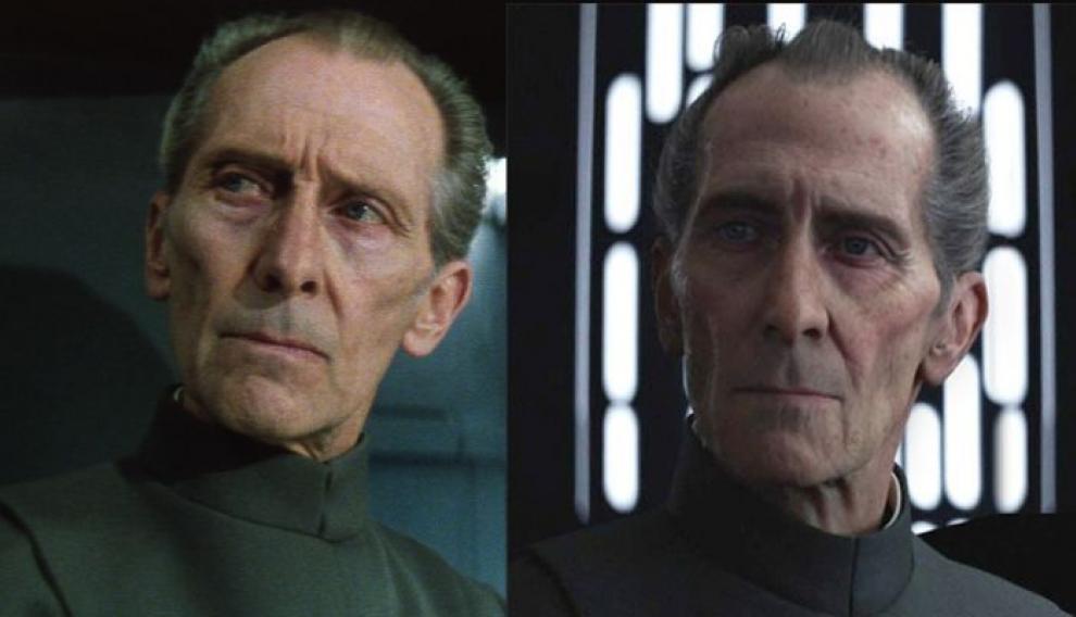 A la izquierda, Peter Cushing en la película de 1977. A la derecha, su recreación por ordenador de 2016.