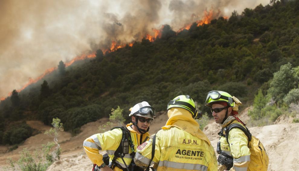Los agentes de protección de la naturaleza (APN) dirigen las cuadrillas forestales del Gobierno de Aragón y la extinción del incendio en primera instancia.