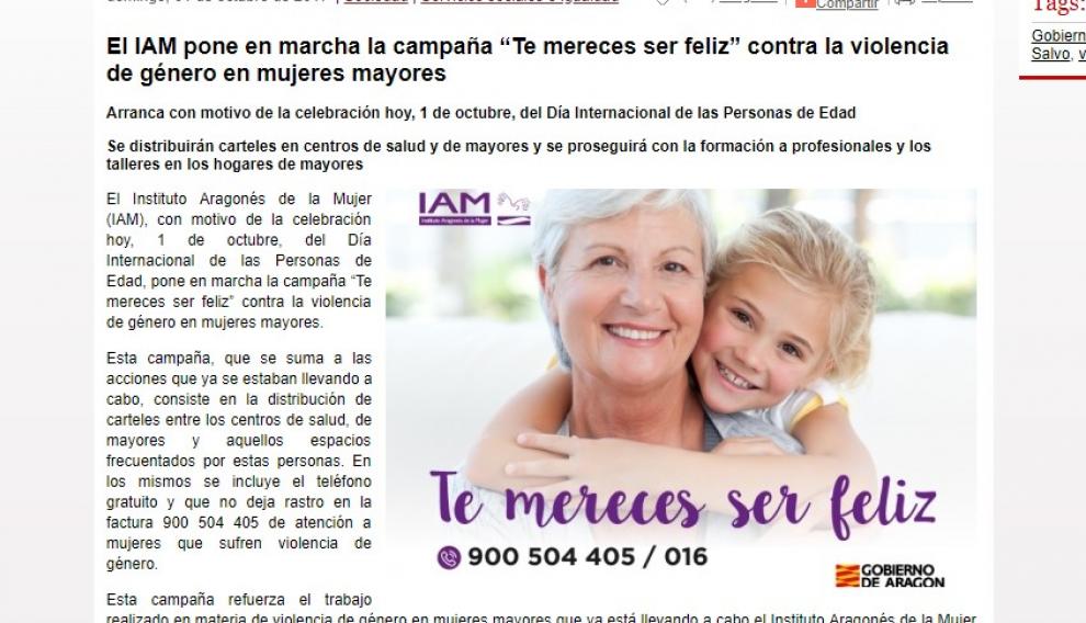 Nota de prensa del Gobierno de Aragón explicando la campaña del IAM lanzada en 2017.