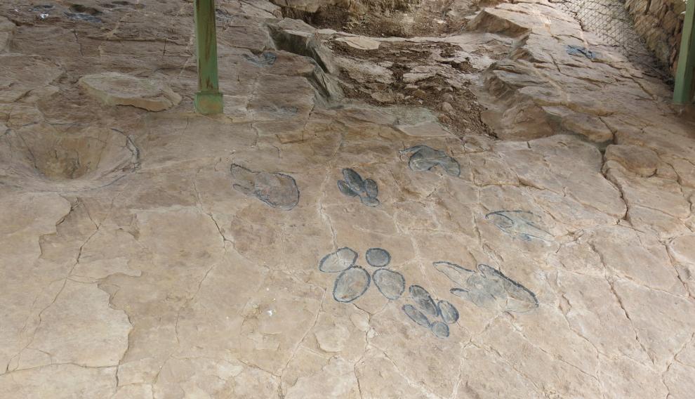 Huellas de dinosaurio remarcadas para su mejor identificación, en el yacimiento de Corrales del Pelejón, en Galve.