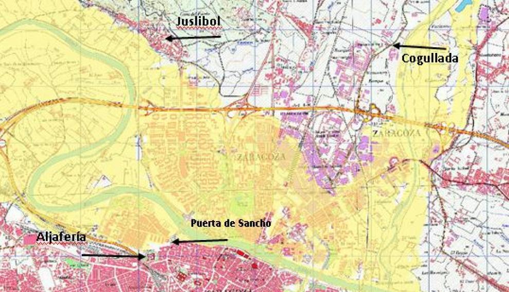 Zona inundable para el periodo de retorno de 500 años en el entorno de Zaragoza sobre mapa topográfico nacional con varias referencias ce los lugares a los que llegó la avenida de 1775.